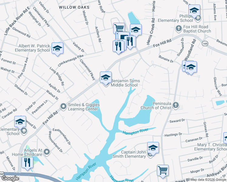 map of restaurants, bars, coffee shops, grocery stores, and more near 170 Fox Hill Road in Hampton