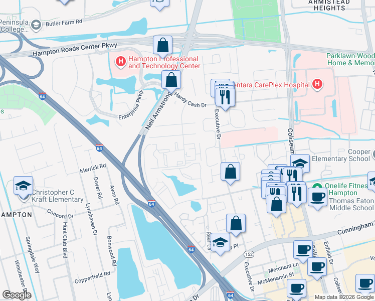 map of restaurants, bars, coffee shops, grocery stores, and more near 24 Pacific Drive in Hampton