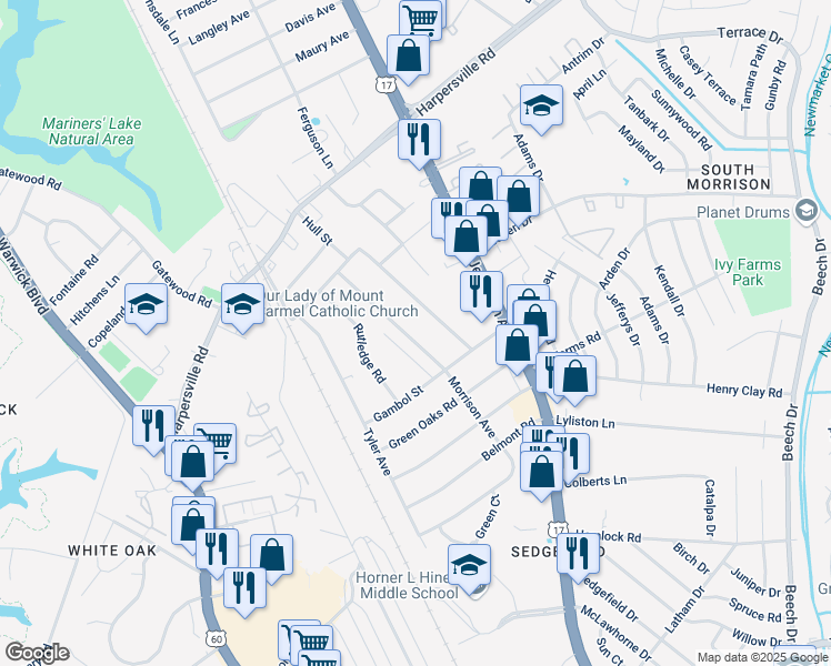 map of restaurants, bars, coffee shops, grocery stores, and more near 43 Morrison Avenue in Newport News