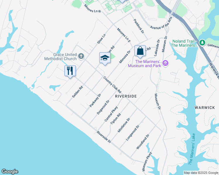 map of restaurants, bars, coffee shops, grocery stores, and more near 209 Parkway Drive in Newport News