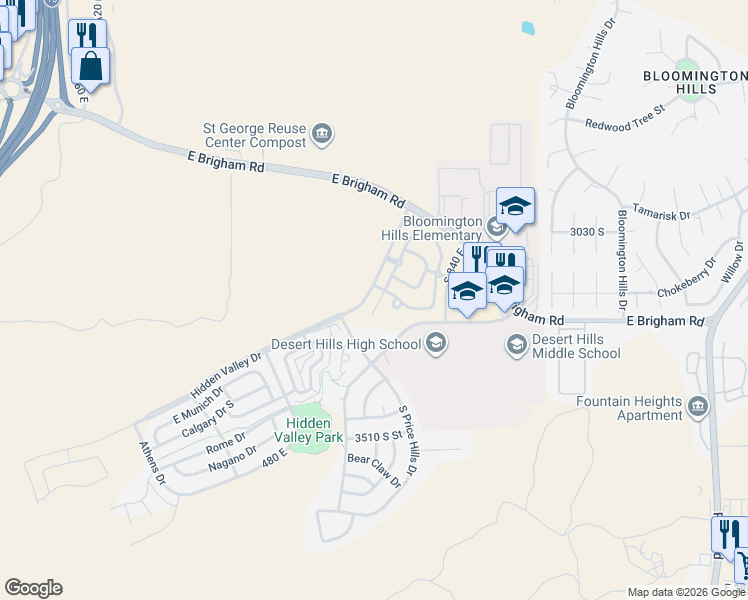 map of restaurants, bars, coffee shops, grocery stores, and more near 3155 South Hidden Valley Drive in St. George