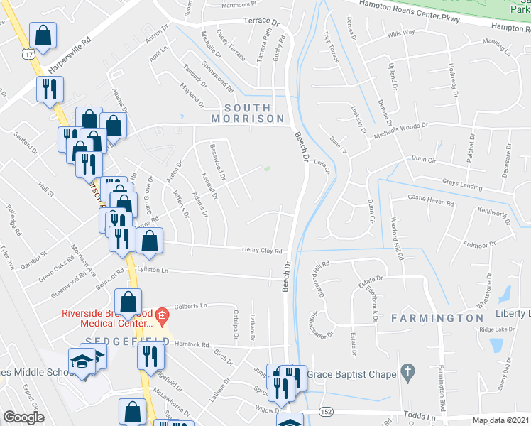 map of restaurants, bars, coffee shops, grocery stores, and more near 13 Teakwood Drive in Newport News