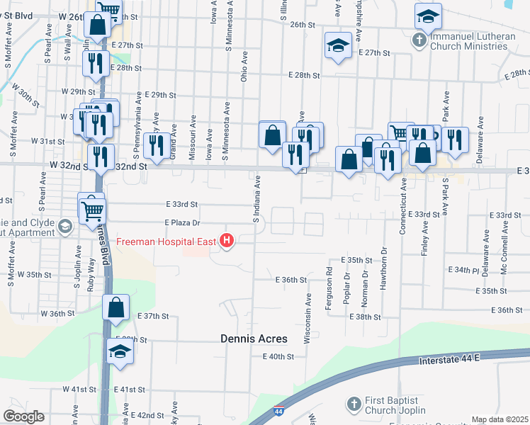 map of restaurants, bars, coffee shops, grocery stores, and more near 3305 Indiana Avenue in Joplin
