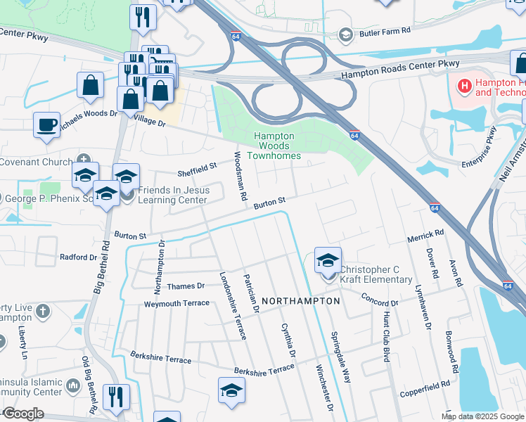 map of restaurants, bars, coffee shops, grocery stores, and more near 619 Burton Street in Hampton