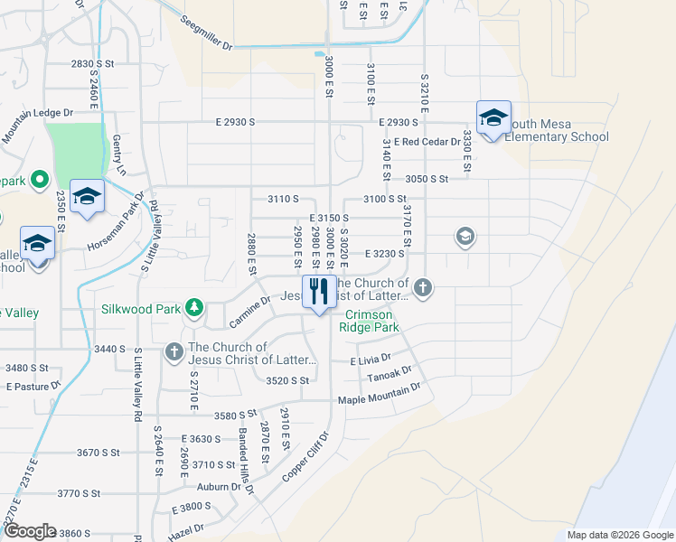 map of restaurants, bars, coffee shops, grocery stores, and more near 3266 South 3020 East in St. George