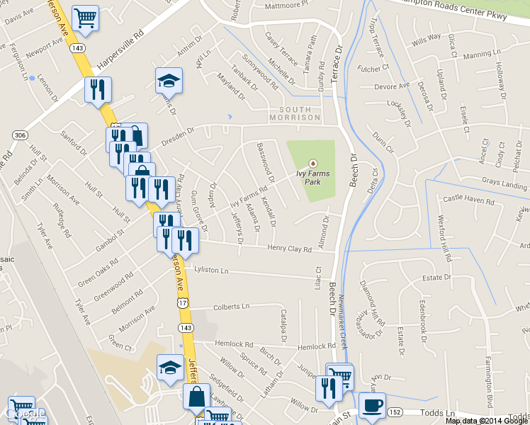map of restaurants, bars, coffee shops, grocery stores, and more near 115 Kendall Drive in Newport News