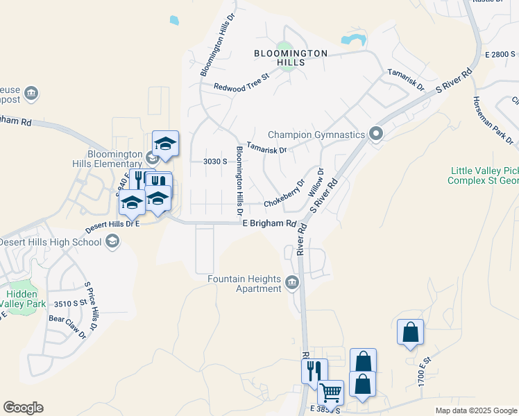 map of restaurants, bars, coffee shops, grocery stores, and more near 1148 Chokeberry Drive in St. George