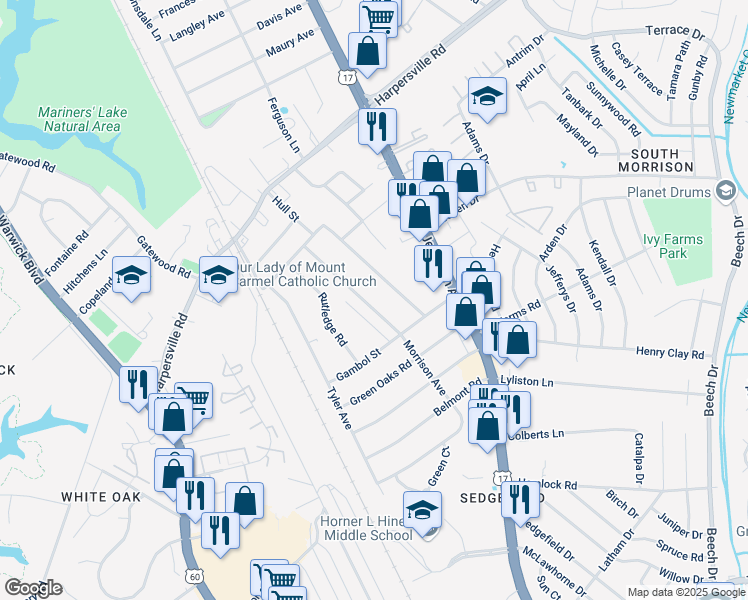map of restaurants, bars, coffee shops, grocery stores, and more near 43 Morrison Avenue in Newport News