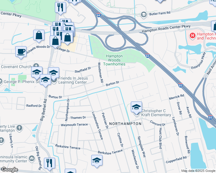 map of restaurants, bars, coffee shops, grocery stores, and more near 621 Burton Street in Hampton