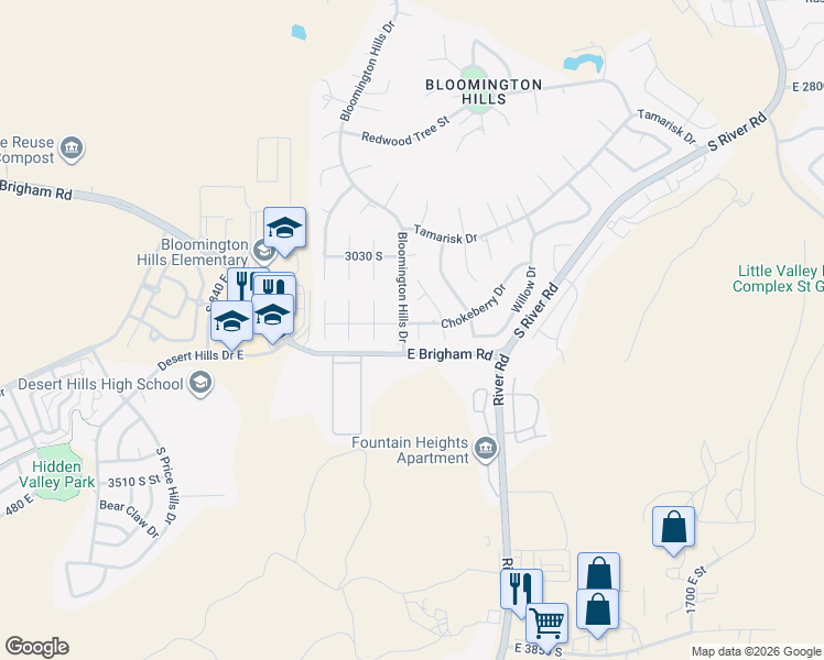 map of restaurants, bars, coffee shops, grocery stores, and more near 1118 Chokeberry Drive in St. George