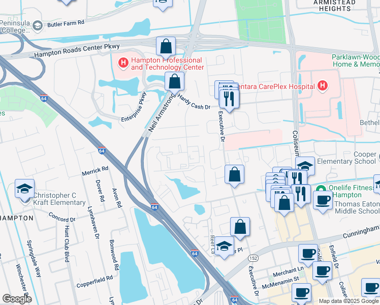 map of restaurants, bars, coffee shops, grocery stores, and more near 24 Pacific Drive in Hampton