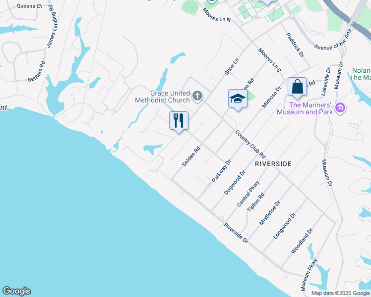 map of restaurants, bars, coffee shops, grocery stores, and more near 10 Sir Francis Wyatt Place in Newport News