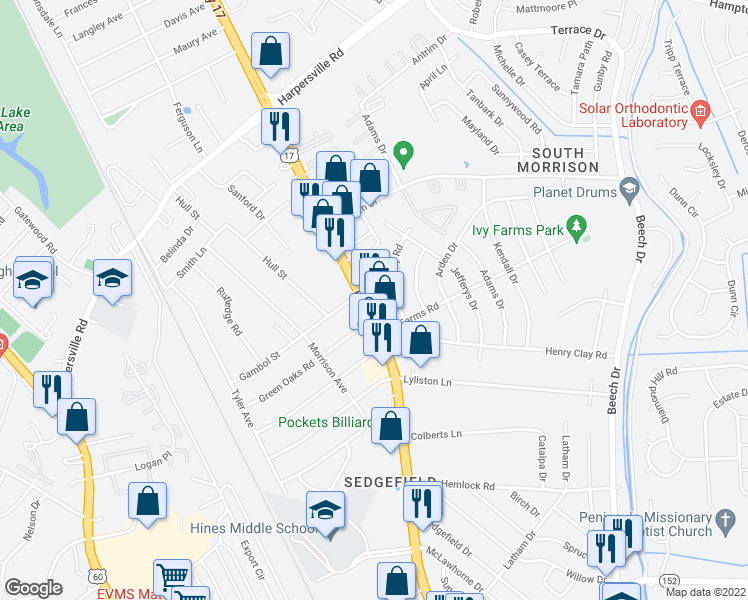 map of restaurants, bars, coffee shops, grocery stores, and more near 10744 Jefferson Avenue in Newport News