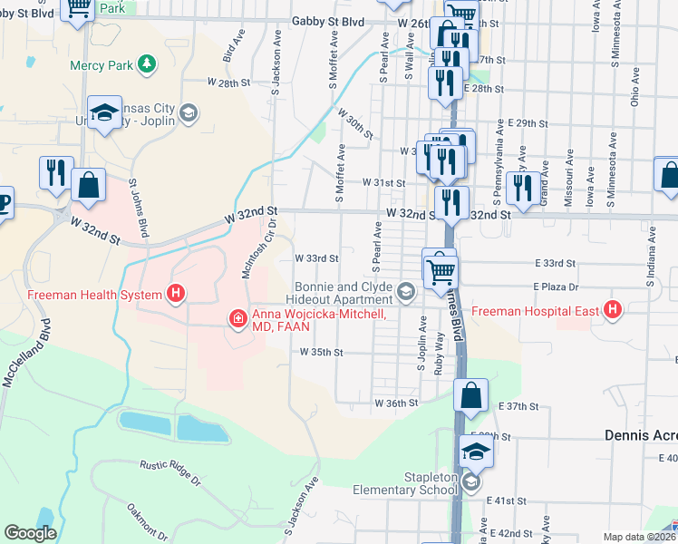 map of restaurants, bars, coffee shops, grocery stores, and more near 3321 South Moffet Avenue in Joplin