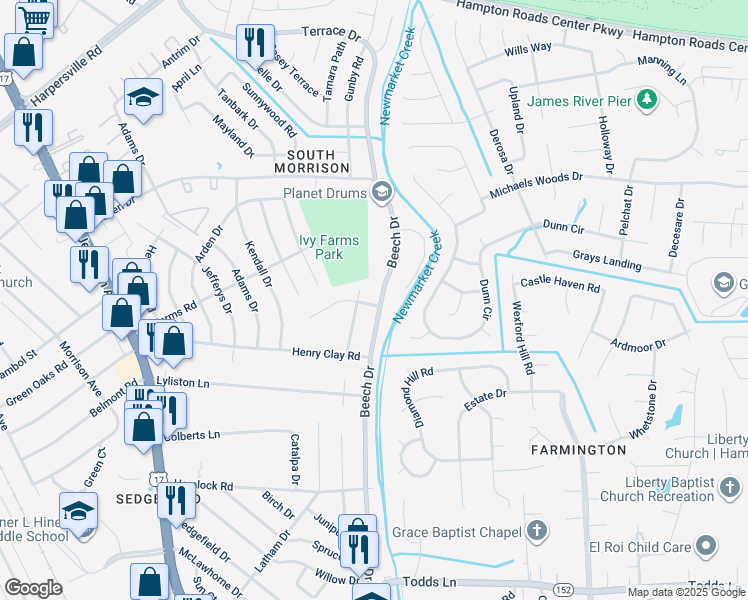 map of restaurants, bars, coffee shops, grocery stores, and more near 563 Beech Drive in Newport News