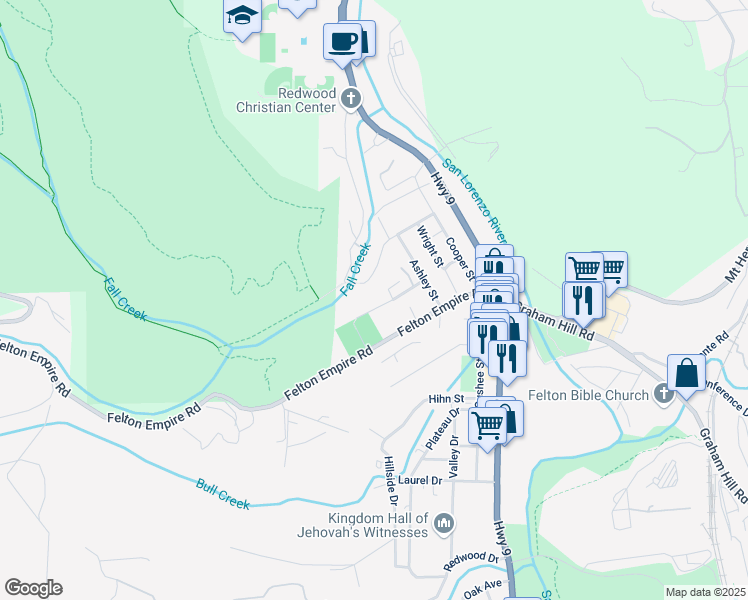 map of restaurants, bars, coffee shops, grocery stores, and more near 384 Blair Street in Felton