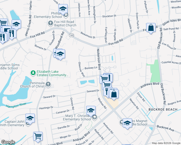 map of restaurants, bars, coffee shops, grocery stores, and more near 34 Glascow Way in Hampton