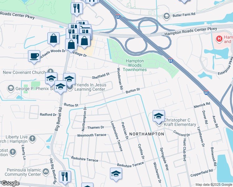 map of restaurants, bars, coffee shops, grocery stores, and more near 708 Burton Street in Hampton