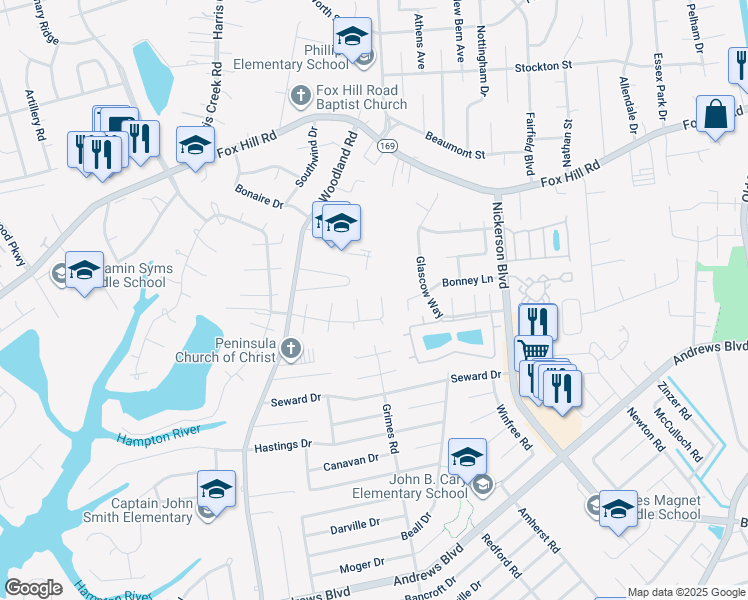 map of restaurants, bars, coffee shops, grocery stores, and more near 511 Kingston Hall Court in Hampton