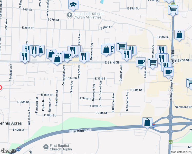 map of restaurants, bars, coffee shops, grocery stores, and more near 3229 Delaware Avenue in Joplin