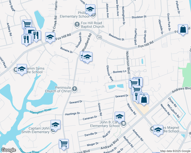 map of restaurants, bars, coffee shops, grocery stores, and more near 511 Kingston Hall Court in Hampton