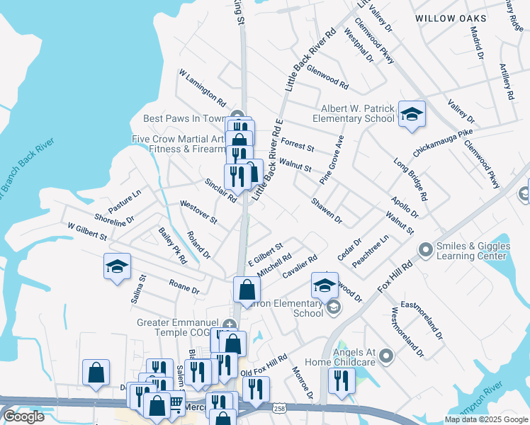 map of restaurants, bars, coffee shops, grocery stores, and more near 207 Boathouse Lane in Hampton