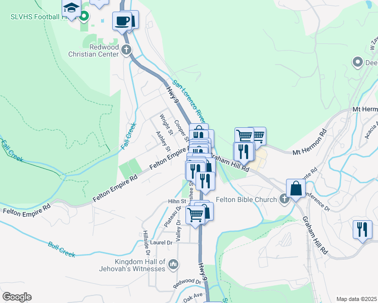 map of restaurants, bars, coffee shops, grocery stores, and more near 6299 Gushee Street in Felton