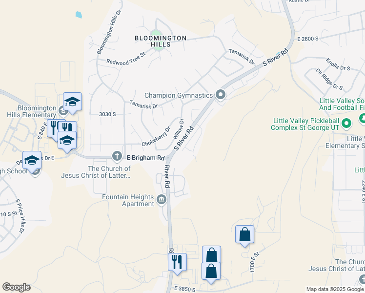 map of restaurants, bars, coffee shops, grocery stores, and more near 3262 South Relic Ridge Drive in St. George