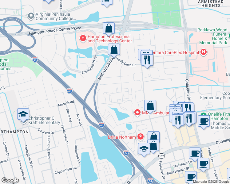 map of restaurants, bars, coffee shops, grocery stores, and more near 131 Haverford Court in Hampton