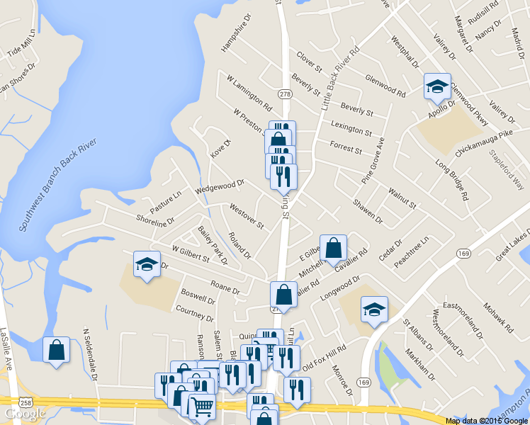 map of restaurants, bars, coffee shops, grocery stores, and more near 8 Rebel Street in Hampton