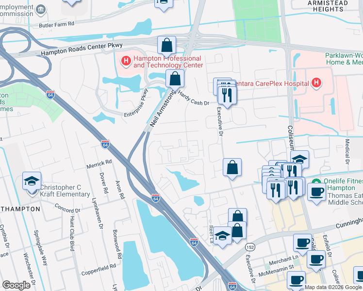 map of restaurants, bars, coffee shops, grocery stores, and more near 103 Haverford Court in Hampton