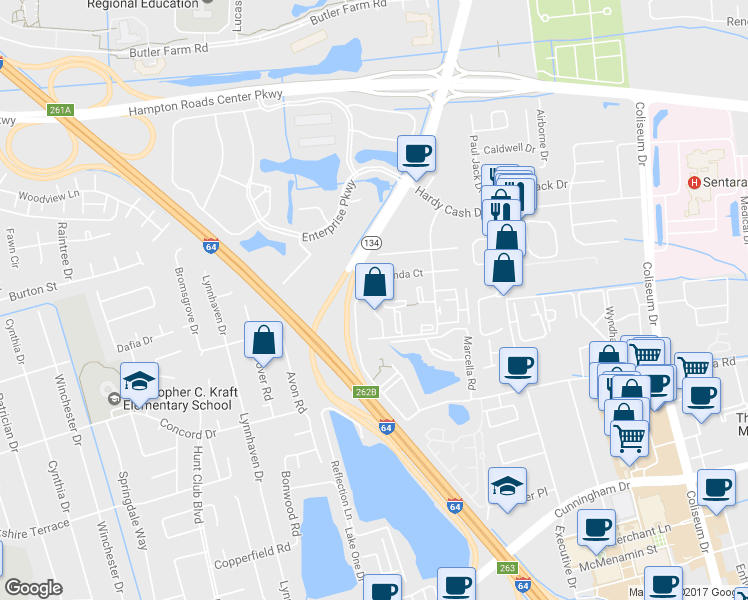 map of restaurants, bars, coffee shops, grocery stores, and more near 135 Cape Dorey Drive in Hampton