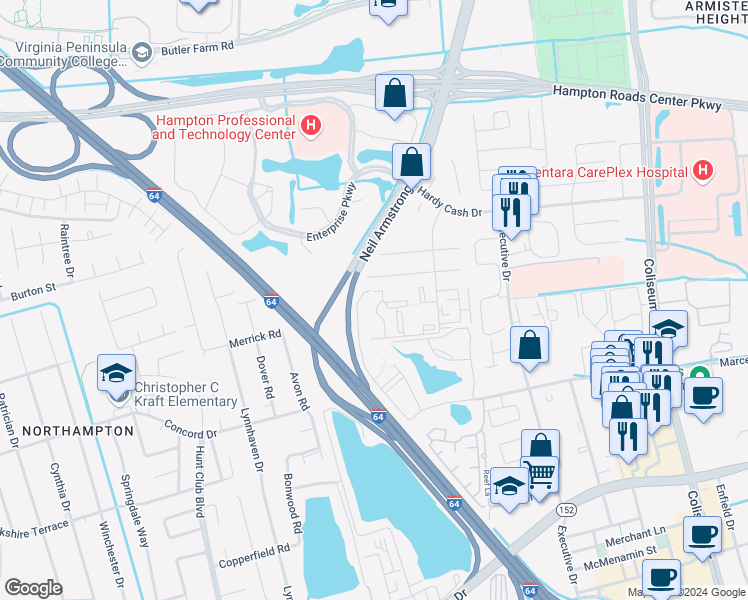 map of restaurants, bars, coffee shops, grocery stores, and more near 141 Cape Dorey Drive in Hampton