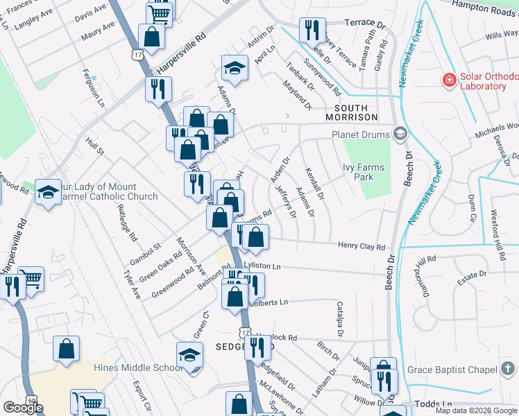 map of restaurants, bars, coffee shops, grocery stores, and more near 94 Gum Grove Drive in Newport News