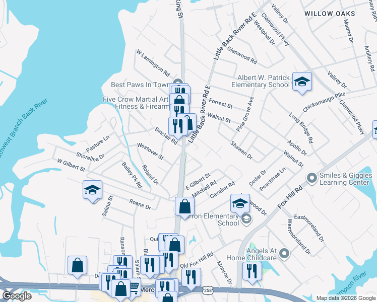 map of restaurants, bars, coffee shops, grocery stores, and more near 40 Mac Alva Drive in Hampton