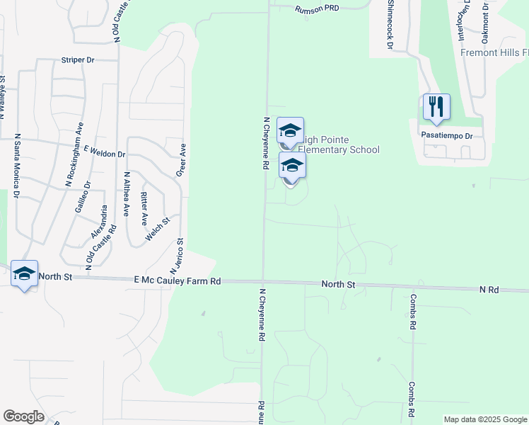 map of restaurants, bars, coffee shops, grocery stores, and more near North Cheyenne Road in Nixa