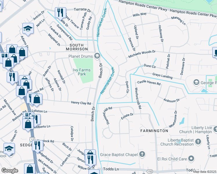 map of restaurants, bars, coffee shops, grocery stores, and more near 311 Dunn Cir in Hampton