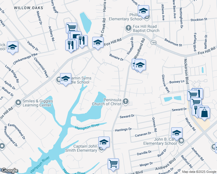 map of restaurants, bars, coffee shops, grocery stores, and more near 344 Eltham Court in Hampton