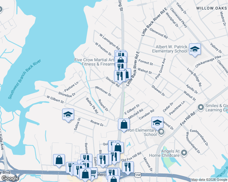 map of restaurants, bars, coffee shops, grocery stores, and more near 8 Rebel Street in Hampton