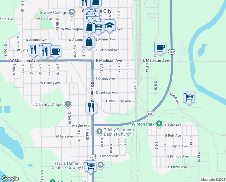 map of restaurants, bars, coffee shops, grocery stores, and more near 835 South B Street in Arkansas City