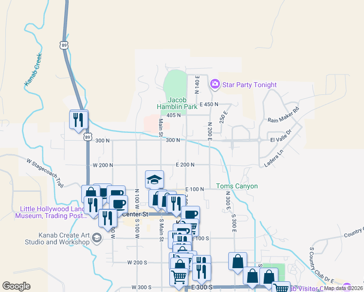 map of restaurants, bars, coffee shops, grocery stores, and more near 285 North 100 East in Kanab