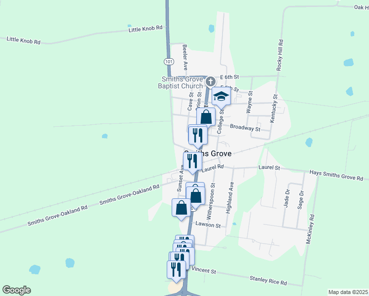 map of restaurants, bars, coffee shops, grocery stores, and more near 1st Street in Smiths Grove