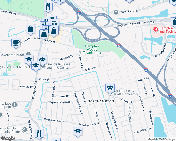 map of restaurants, bars, coffee shops, grocery stores, and more near 619 Burton Street in Hampton