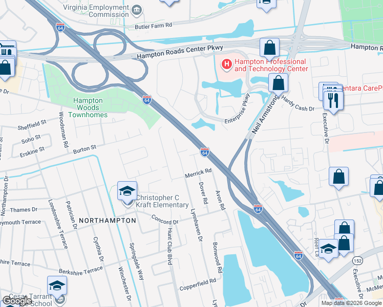map of restaurants, bars, coffee shops, grocery stores, and more near 8 Olson Court in Hampton