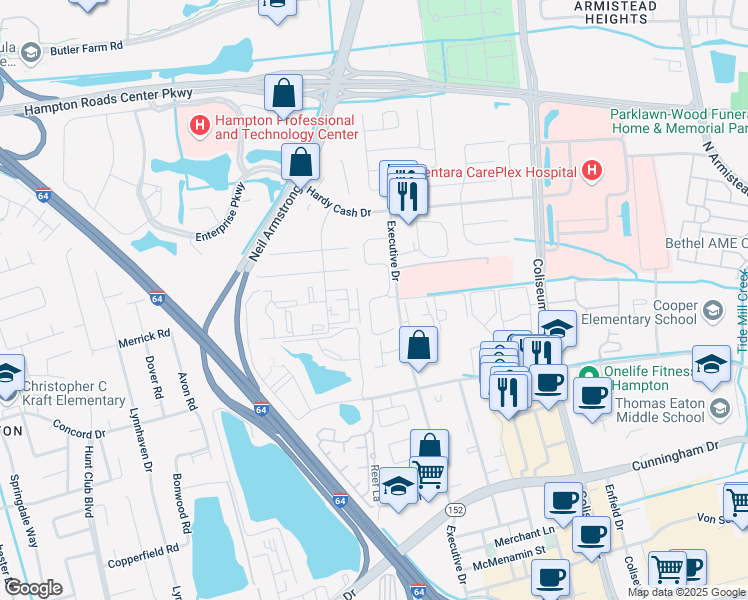 map of restaurants, bars, coffee shops, grocery stores, and more near 8116 Terrell Lane in Hampton