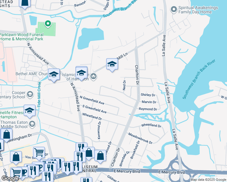 map of restaurants, bars, coffee shops, grocery stores, and more near 121 Marvin Drive in Hampton