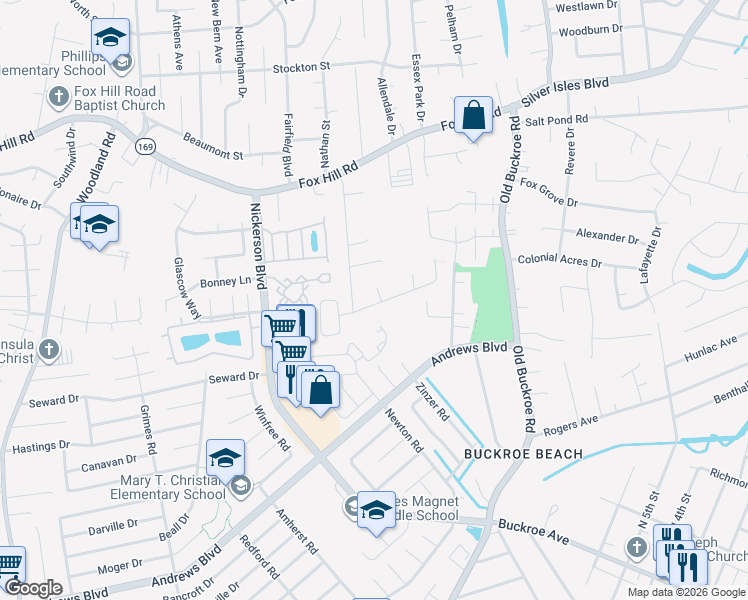 map of restaurants, bars, coffee shops, grocery stores, and more near 1 Travis Circle in Hampton