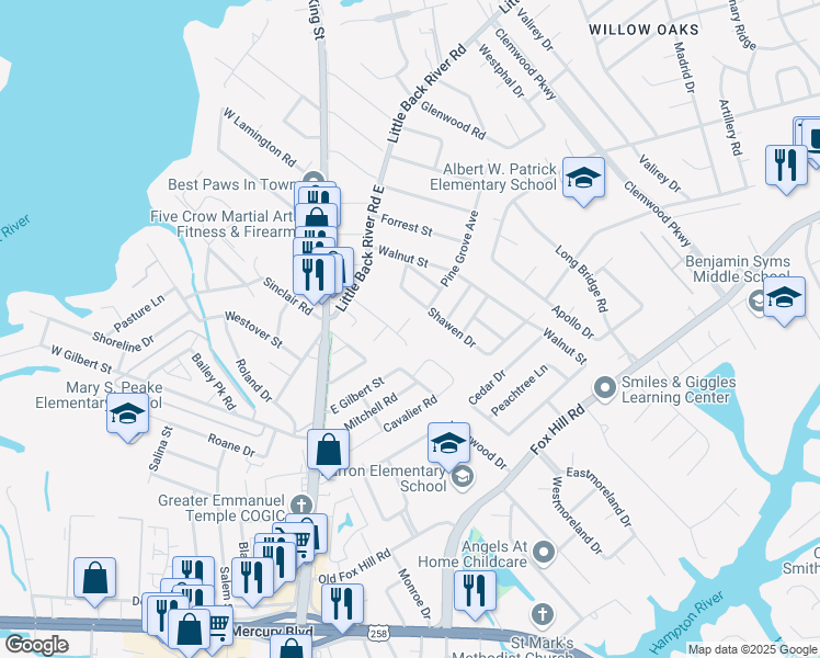 map of restaurants, bars, coffee shops, grocery stores, and more near 6 Overbrooke Place in Hampton