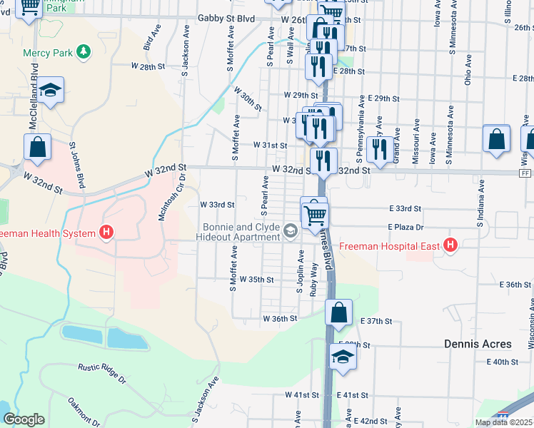 map of restaurants, bars, coffee shops, grocery stores, and more near 3317 South Pearl Avenue in Joplin