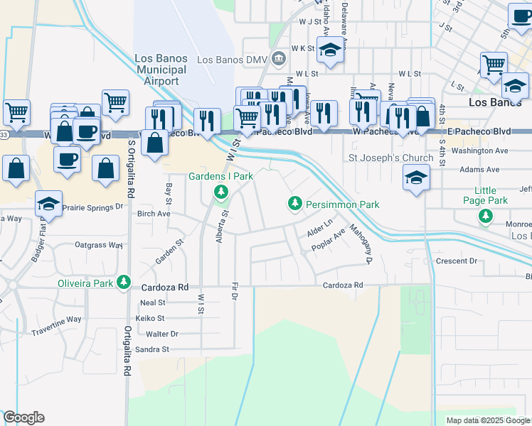 map of restaurants, bars, coffee shops, grocery stores, and more near 1578 Hawthorne Drive in Los Banos